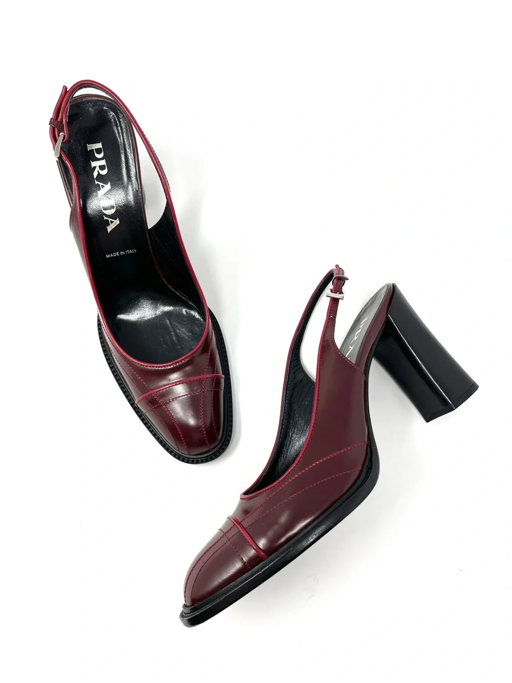 Vintage Vtg Prada 90s Y2K Burgundy Dark Red Leather Slingback Pumps Heels 38.5
